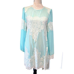 Hah Queen for a Day mini dress turqoise lace dress Boho Cottage Core M